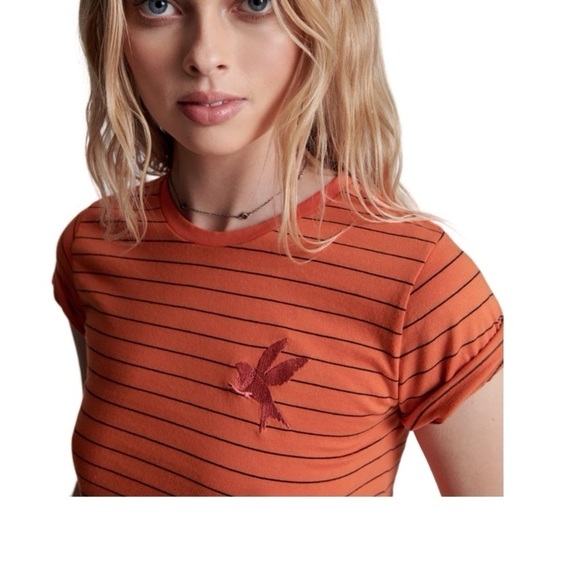 One Teaspoon Bower Bird Embroidered Logo Fitted Tee - Orange Size XS - Picture 3 of 15